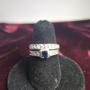 14k White Gold 4mm Sapphire And 3mm Diamond Wedding Ring Set Sz5.75 5.8g